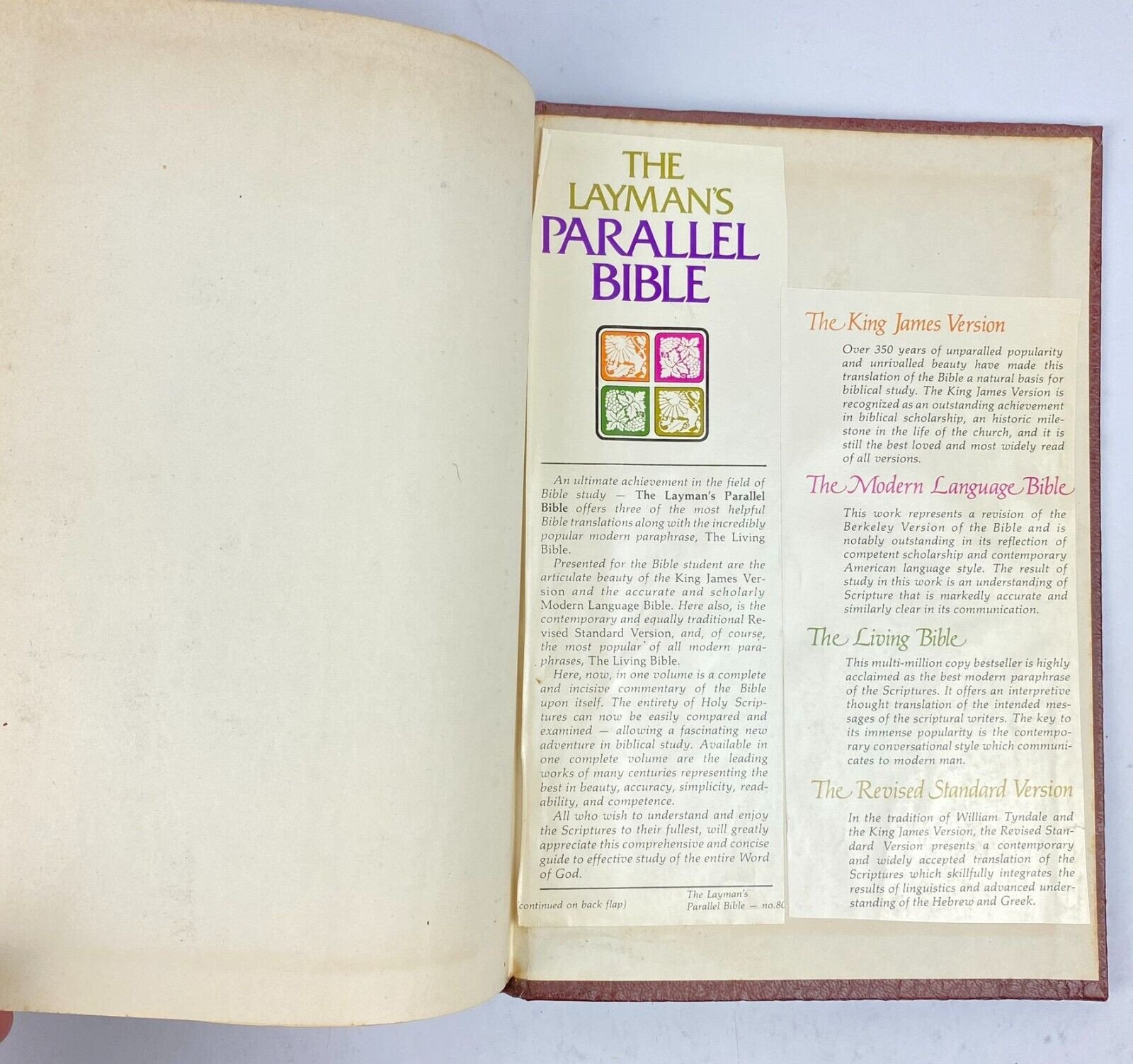 Layman&rsquo;s Parallel Bible KJV MLB Living Bible RSV Zondervan Hardcover 1973 VTG