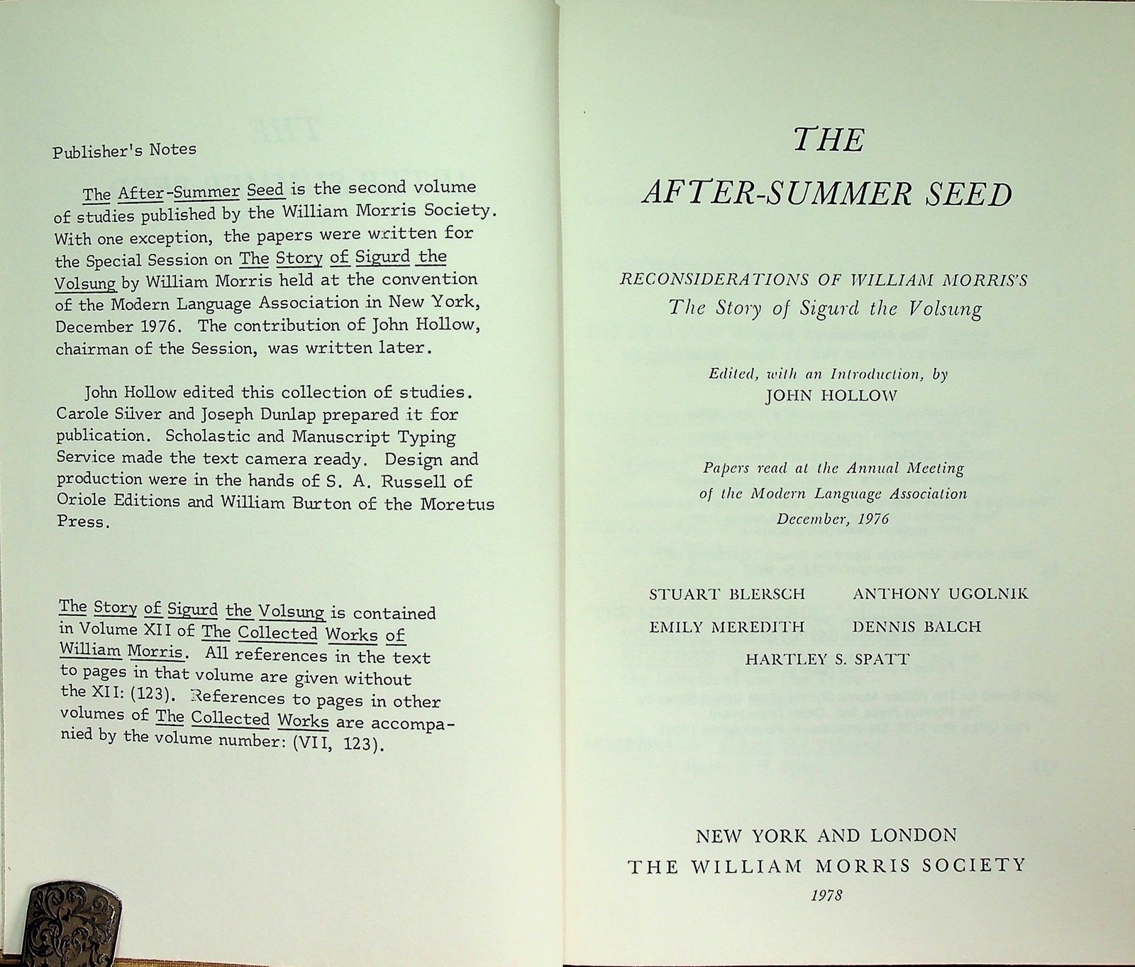 The After-Summer Seed William Morris Sigurd the Volsung Society 1978 Hollow HC