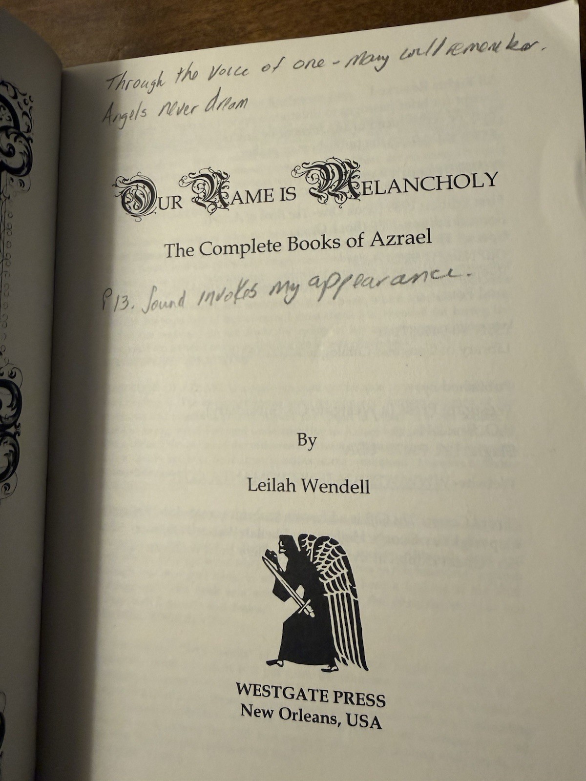 Our Name Is Melancholy Leilah Wendell 2002 Occult Azrael 4th Ed