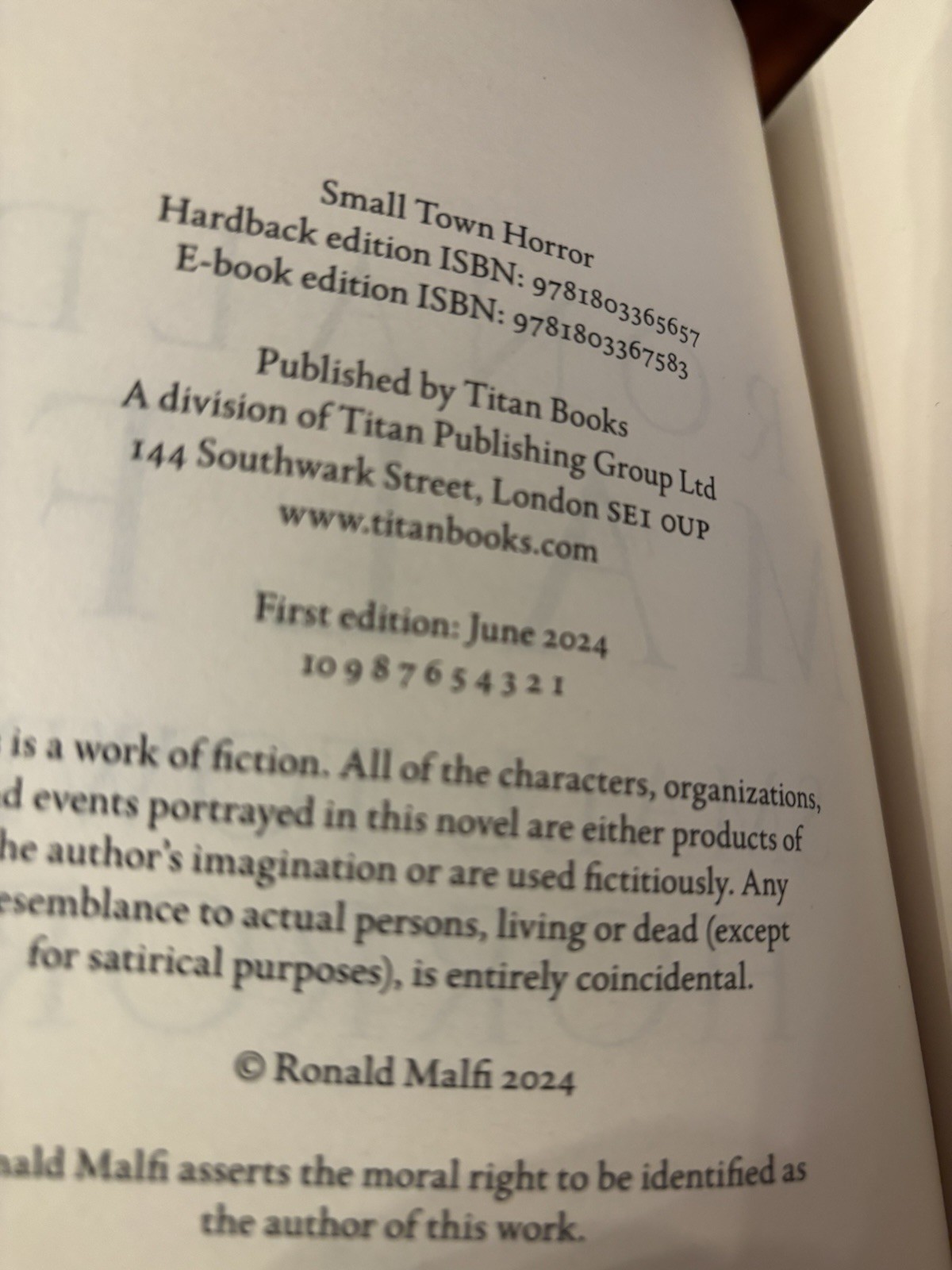 Small Town Horror. Ronald Malfi 1st HC Ptg. Titan Books 2024 Fine Unread