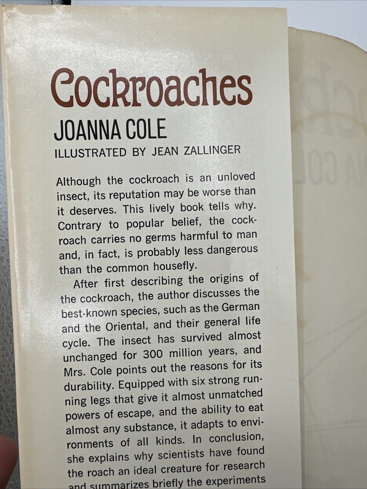 Cockroaches Joanna Cole 1971 3rd Print Jean Zallinger DJ