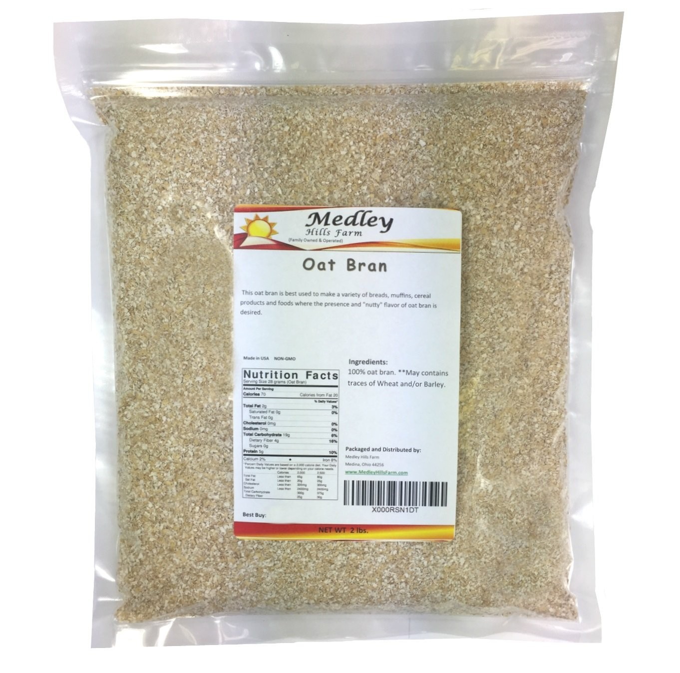 Oat Bran 2 lbs Flaked Non-GMO High Fiber Protein 32oz Bag for Baking Muesli