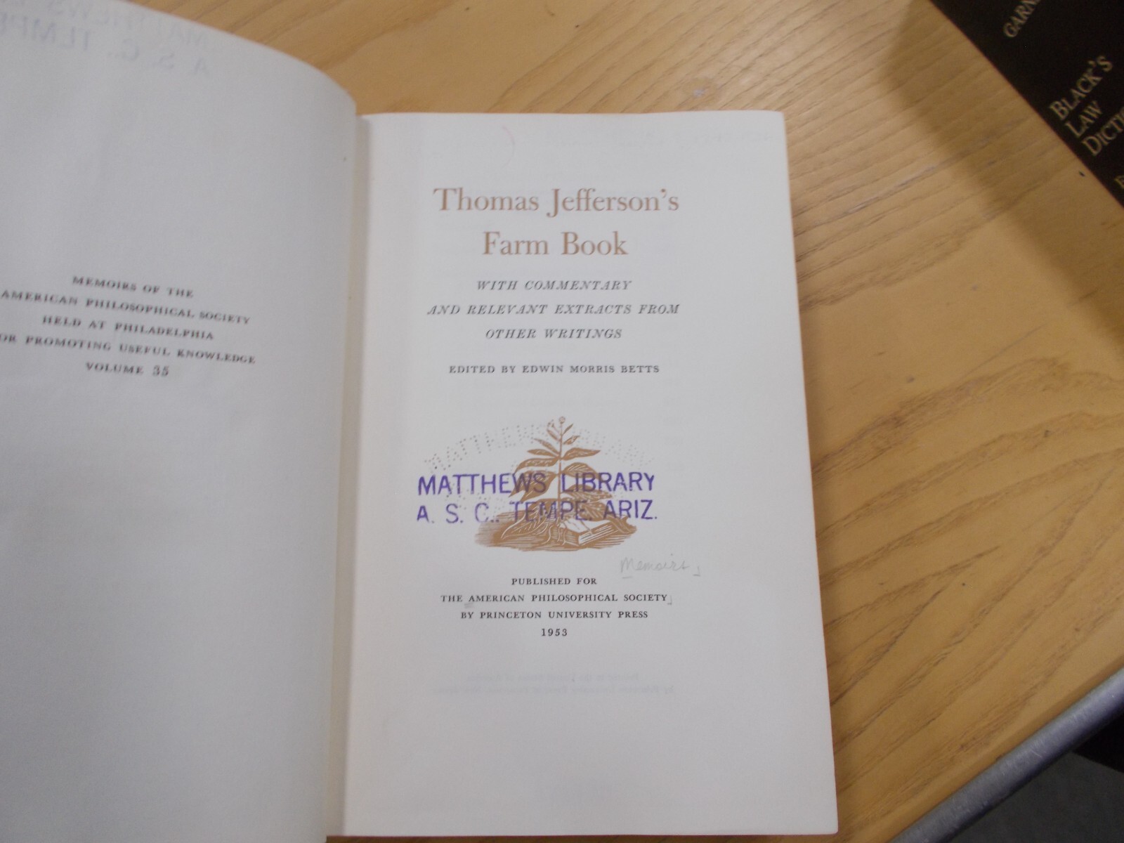 * THOMAS JEFFERSON&rsquo;S FARM BOOK WITH COMMENTARY & RELEVANT EXTRA CH 1953