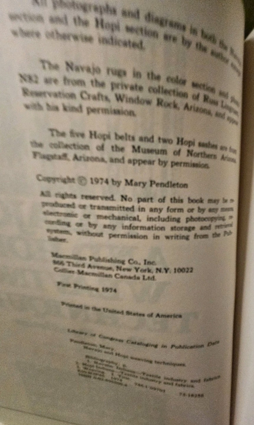 NAVAJO and HOPI WEAVING TECHNIQUES by Mary Pendleton Hard Back DJ (1974)