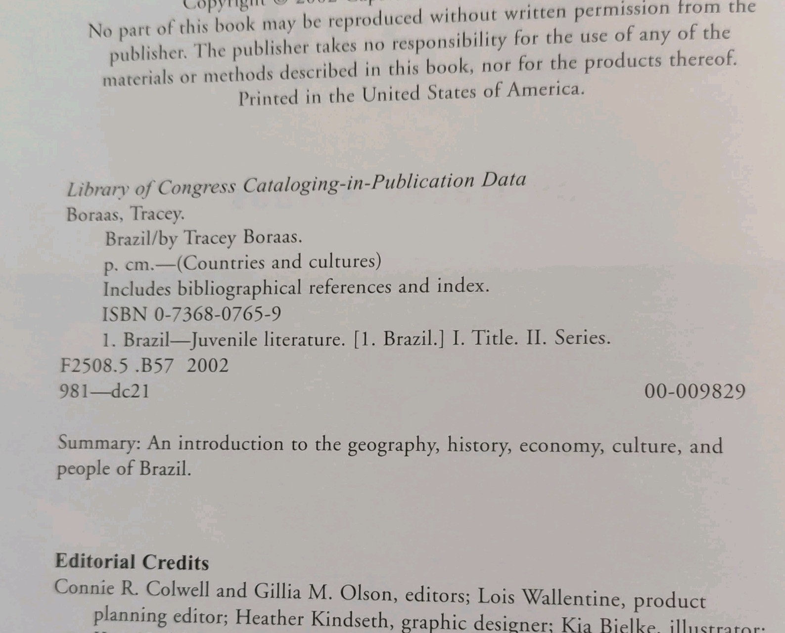 Brazil (Countries and Cultures) by Tracey Boraas, Capstone Press 2002 HC Lib Bd