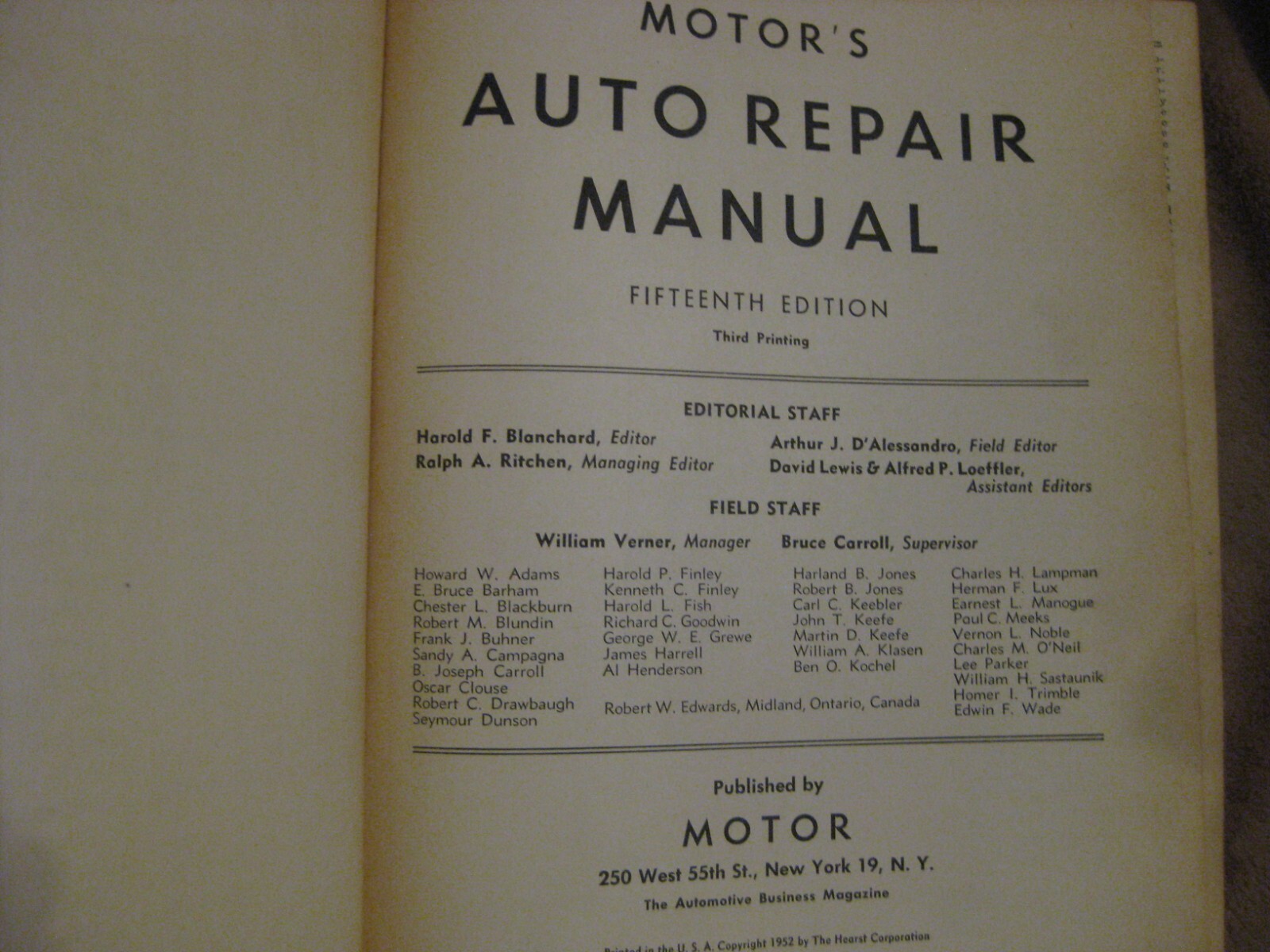 MOTOR&rsquo;S AUTO REPAIR MANUAL ~ 1952 ~ 15th Edition Third Printing HC