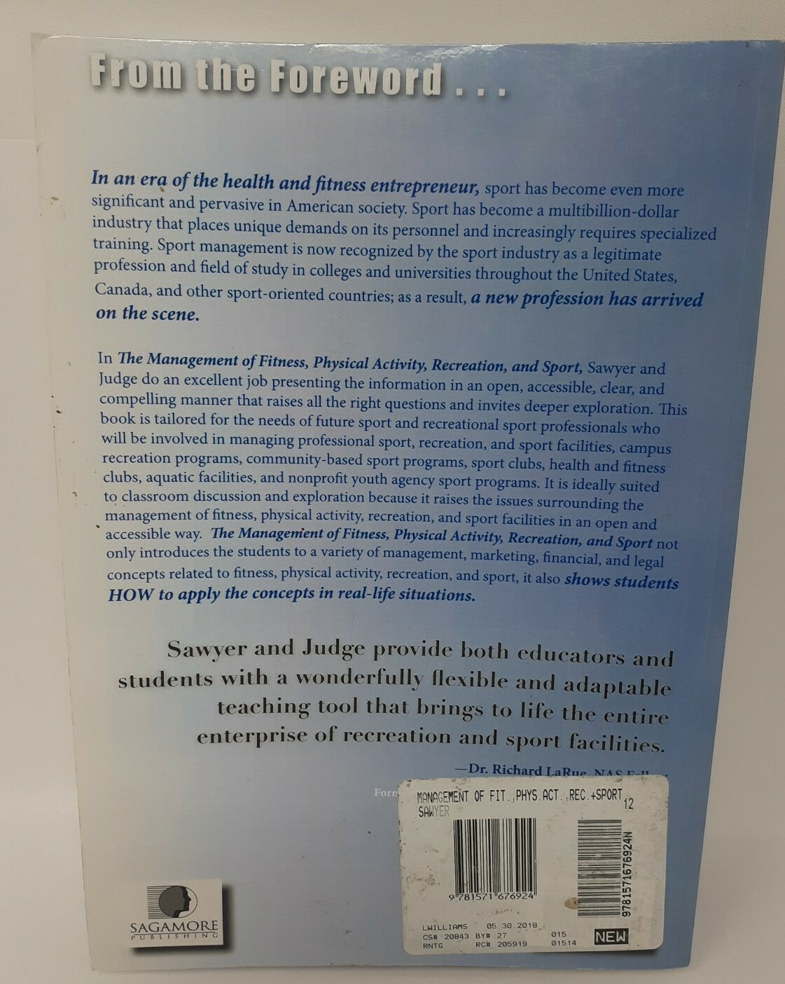 Management of Fitness, Physical Activity, Recreation & Sport Paperback Sawyer