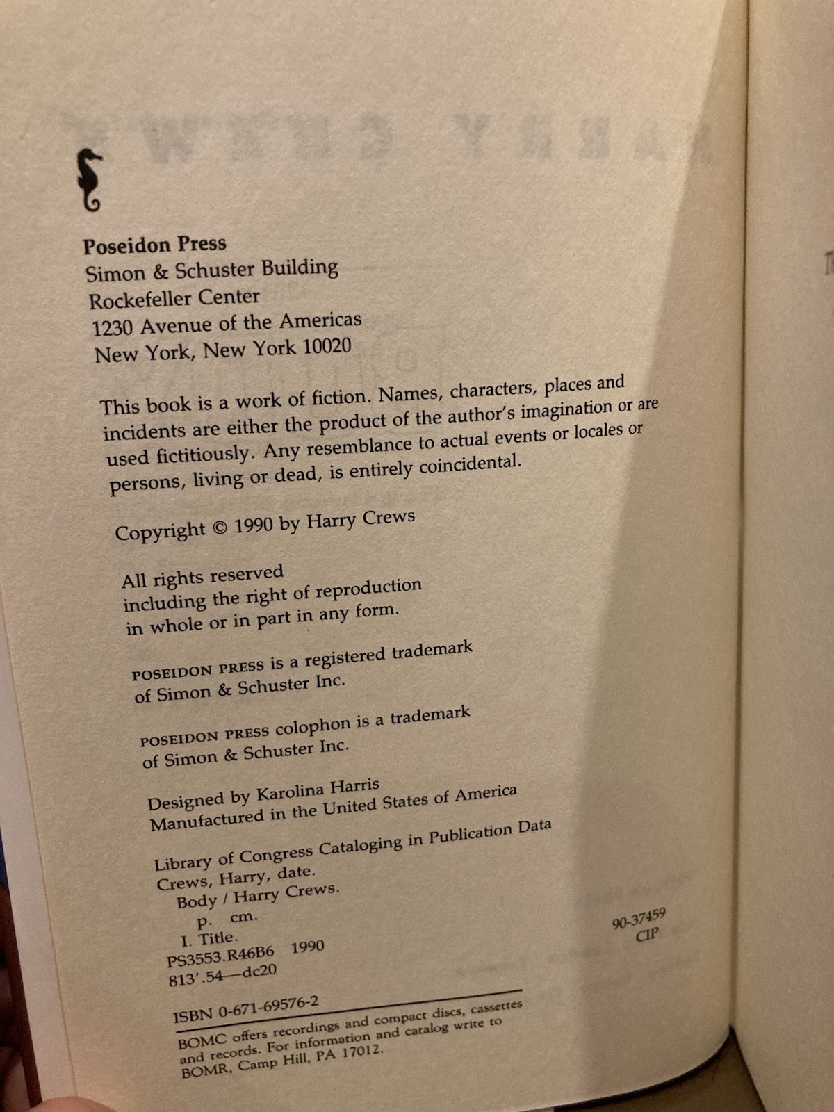 Harry Crews – Body – 1990 HC BOMC Nice!