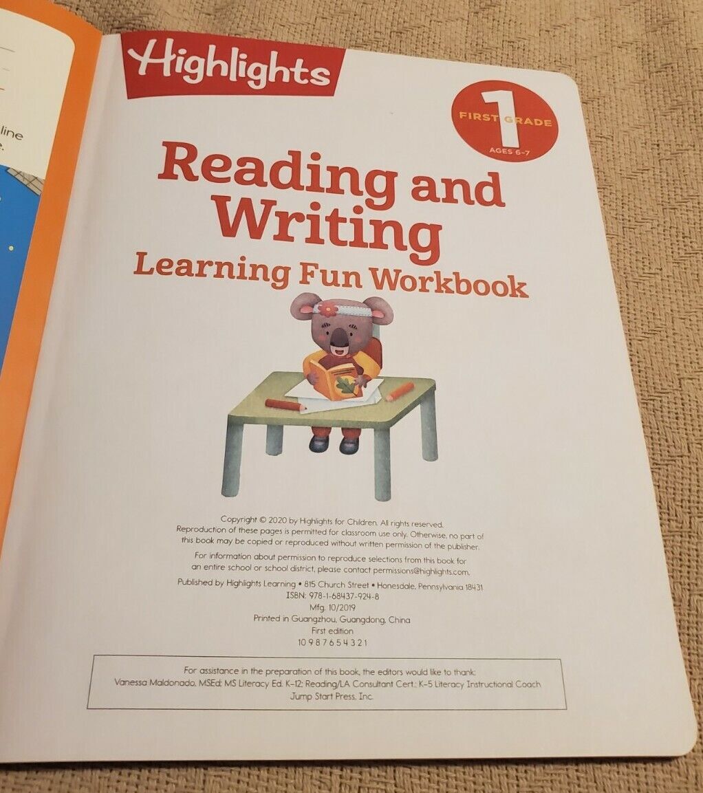 Highlights Reading And Writing Learning Fun Workbook Ages 6-7 1st Grade