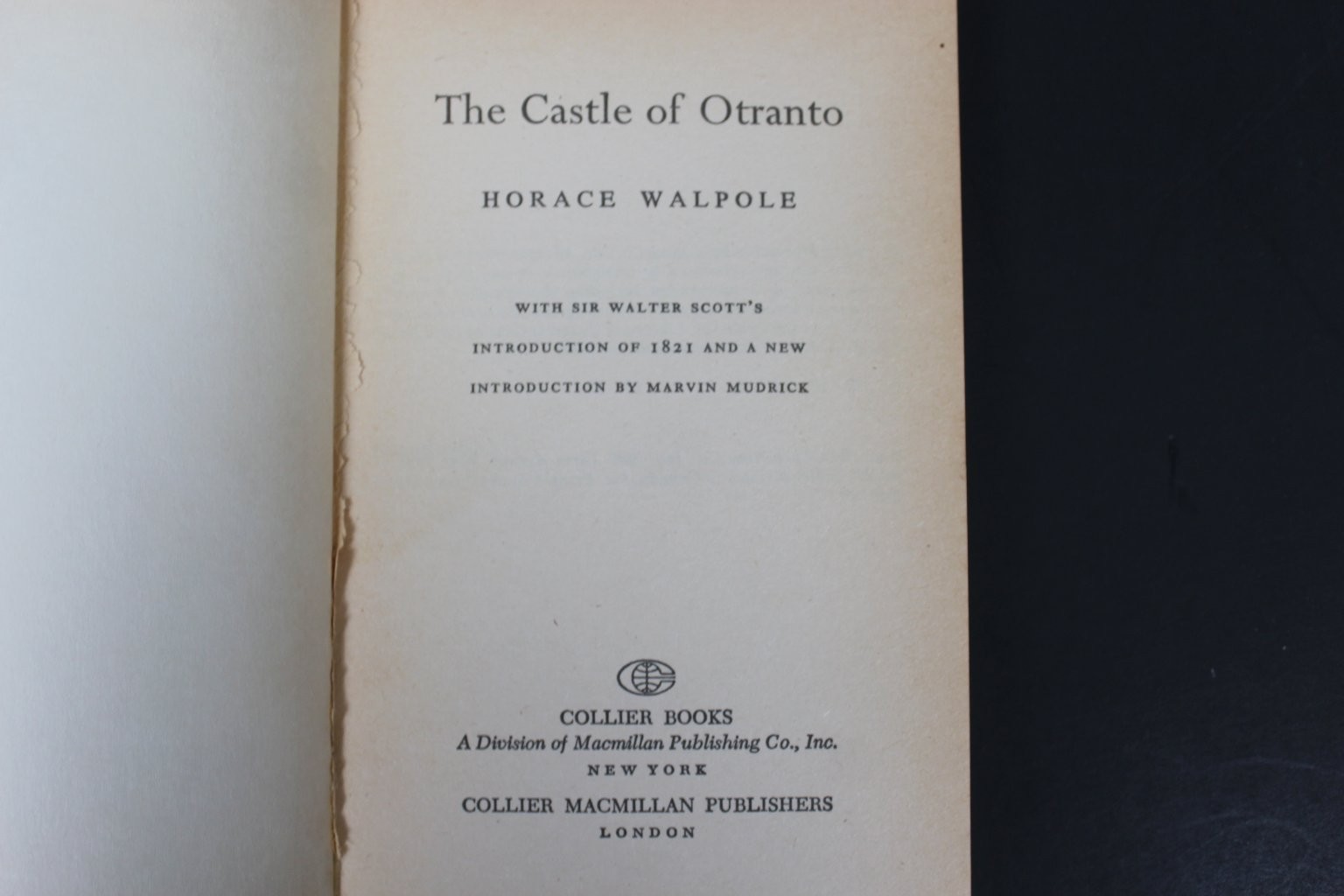 The Castle of Otranto Horace Walpole 1963 First Collier Edition Gothic Classic