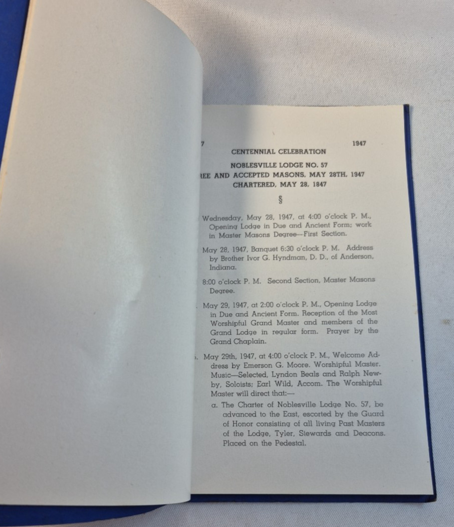 CENTENNIAL CELEBRATION 1847-1947 INDIANA MASONIC LODGE FREE MASON BOOK