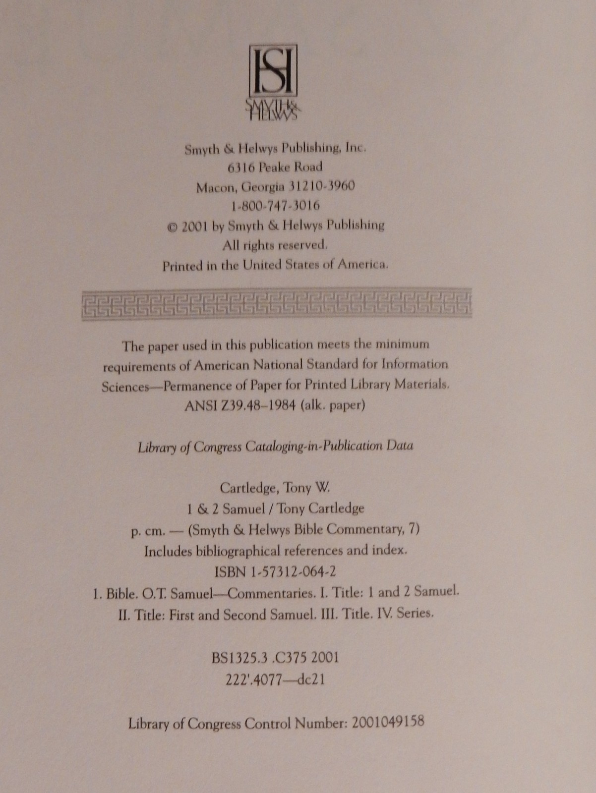 1 & 2 SAMUEL-Tony W. Cartledge-Smyth & Helwys Commentary Hardcover 2001 w/CD-ROM