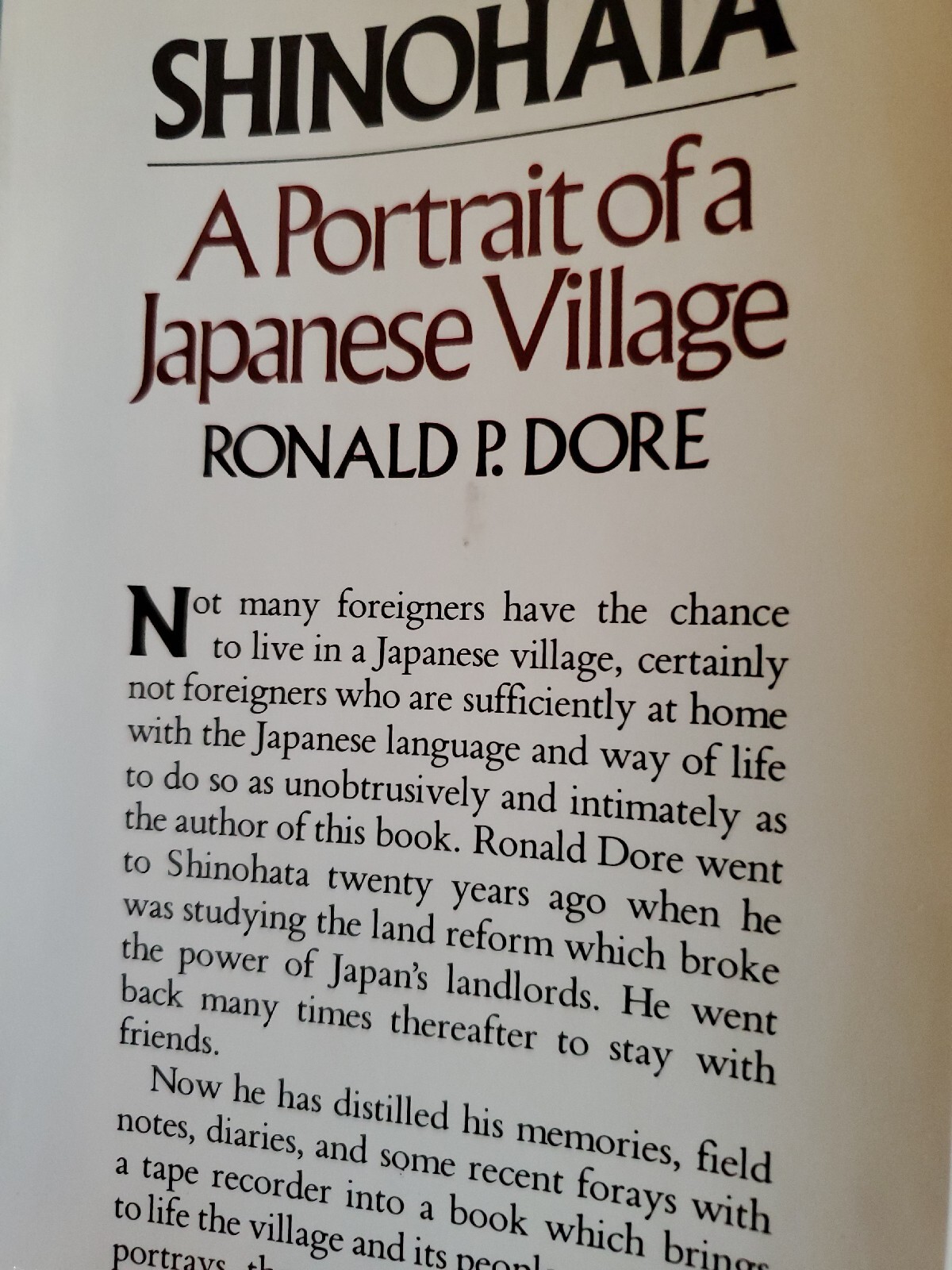 SHINOHATA A Portrait of a Japanese Village by Ronald P Dore HC 1st AM ED 1978