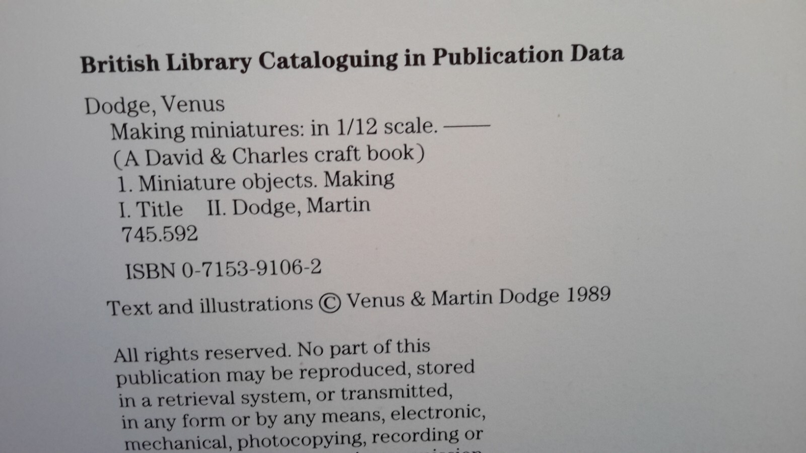 Vintage 1989 Making Miniatures In 1/12 Scale Hardcover By Dodge, Venus Pre-owned