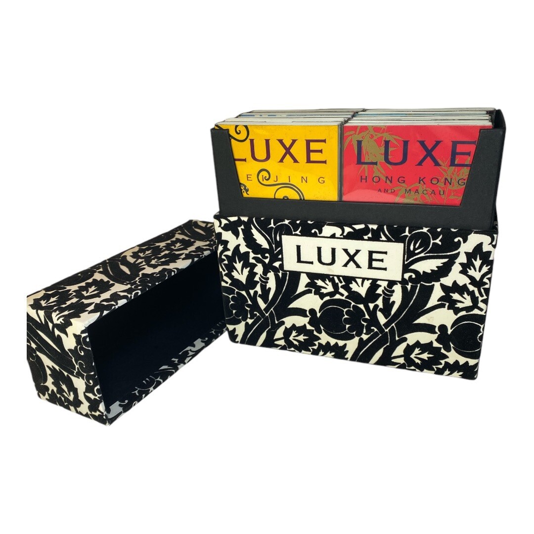 Luxe City Guides in Box, set of 12 in black flocked on white bkgd Travel Gift