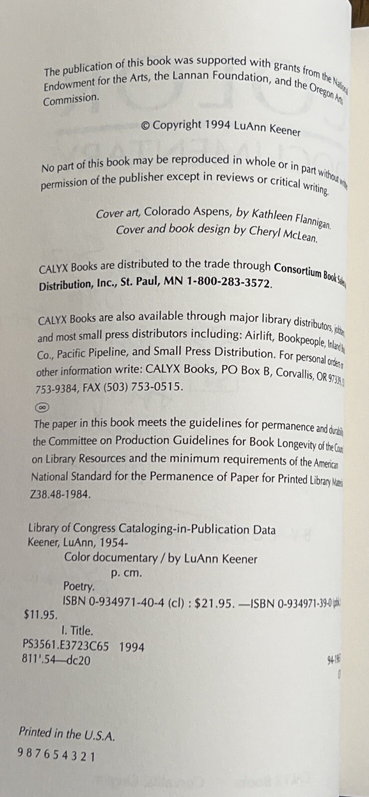 Color Documentary – 1994 Paperback *SIGNED By Luann Keener