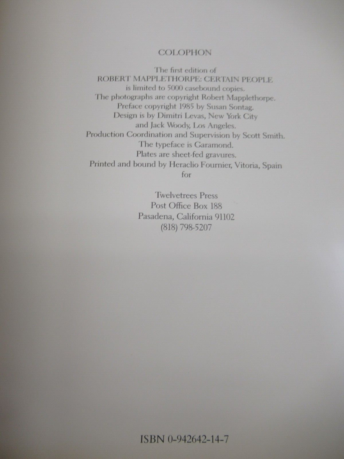 Robet Maplethorpe: Certain People 1985 Twelvetrees Press First Edition LE5000