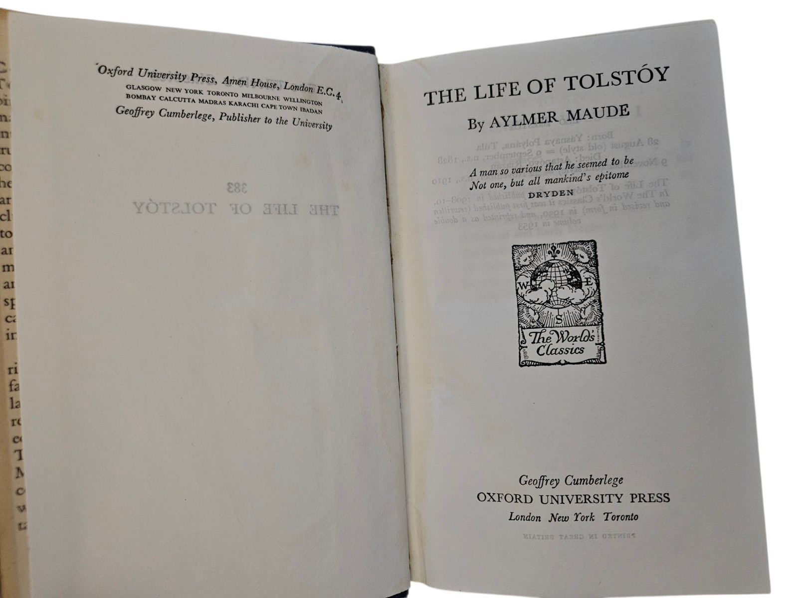 Vintage The Life of Leo Tolstoy Aylmer Maude 383 World&rsquo;s Classics Oxford HC 1953