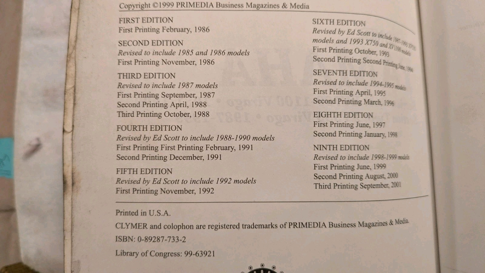 YAMAHA 1981-1999 XV535-1100 Service Manual, AS IS, Heavily Used, PB, 408p, 2001