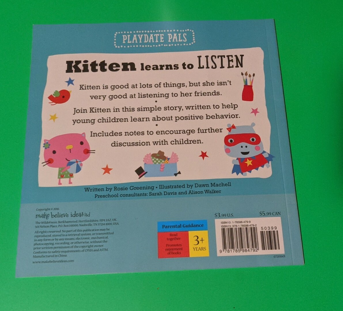 Playdate Pals Kitten Learns to Listen by Thomas Nelson (2016, Trade Paperback)