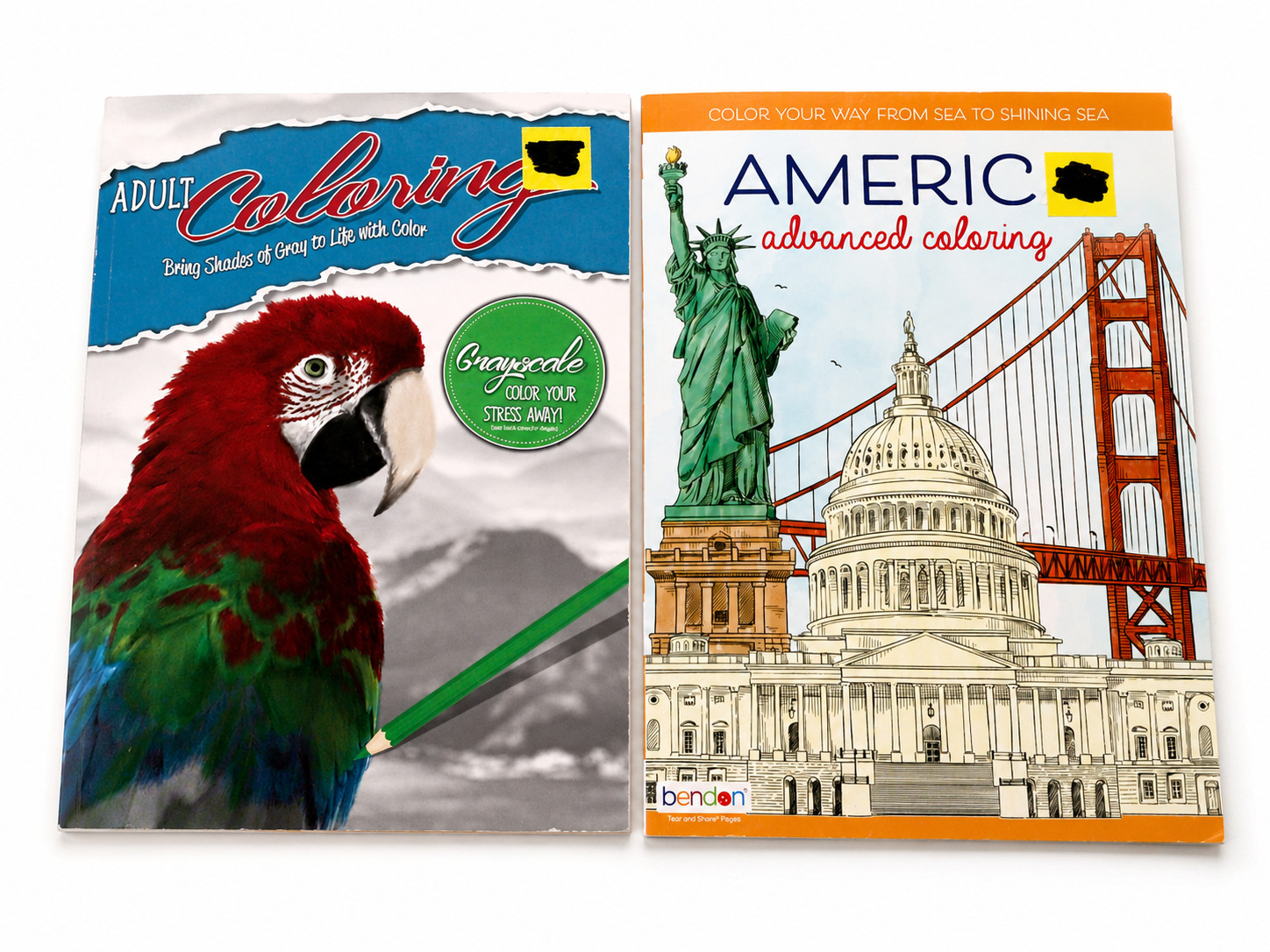 Adult Coloring Books Lot of 2 Grayscale Parrot America Landmarks Bendon