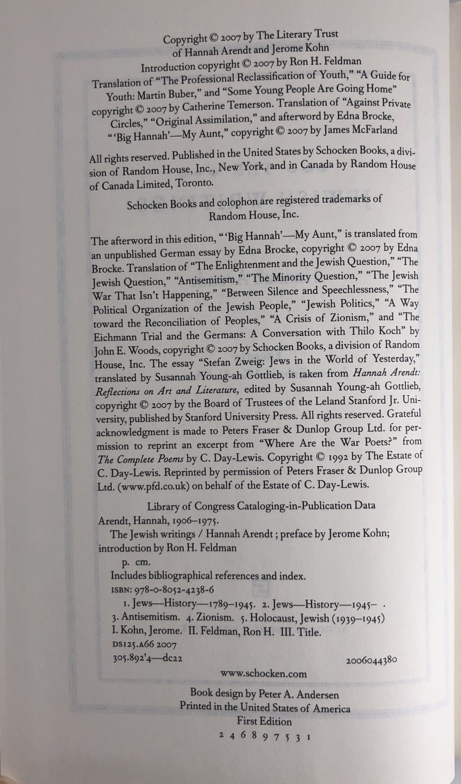 THE JEWISH WRITINGS By Hannah Arendt, Kohn, Feldman – HCDJ First Edition 2007