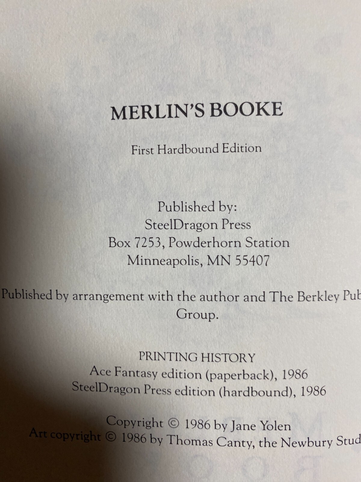 Merlin&rsquo;s Booke by Jane Yolen, Signed, 1st HB, SteelDragon Press, 1986, GD