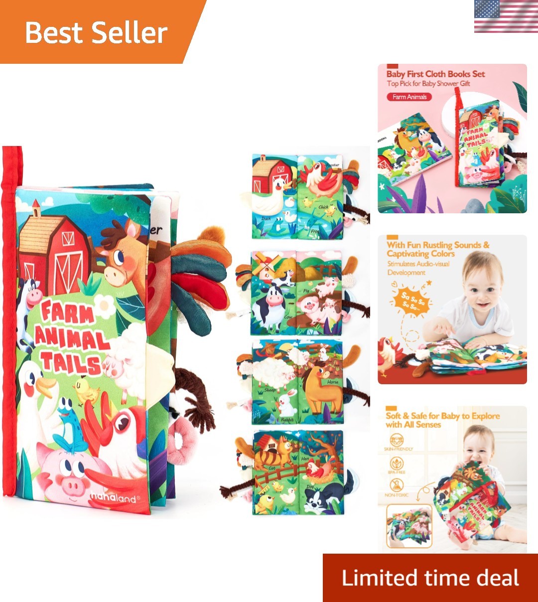 Multicolored Farm Tails Cloth Book – Engaging Sensory Experience for Babies
