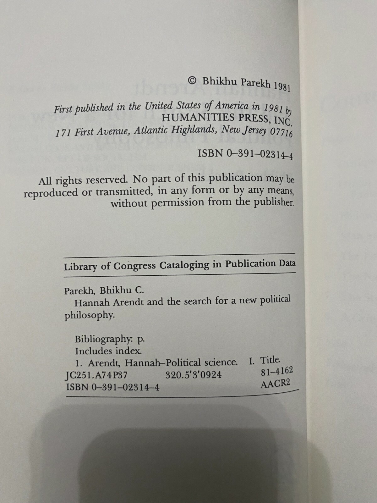 Hannah Arendt and the Search for a New Political Philosophy, HC 1981