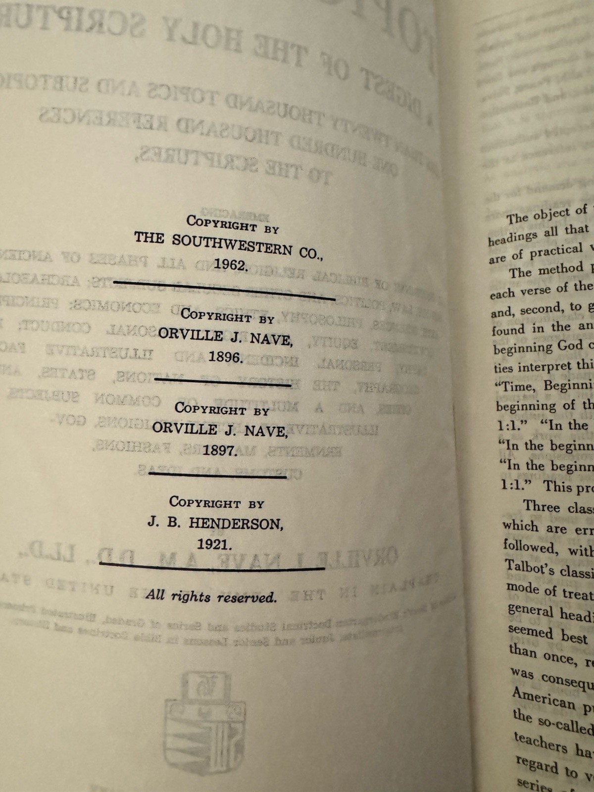 Nave&rsquo;s Topical Bible A Digest of Holy Scriptures 1962 Southwestern Co. Reference