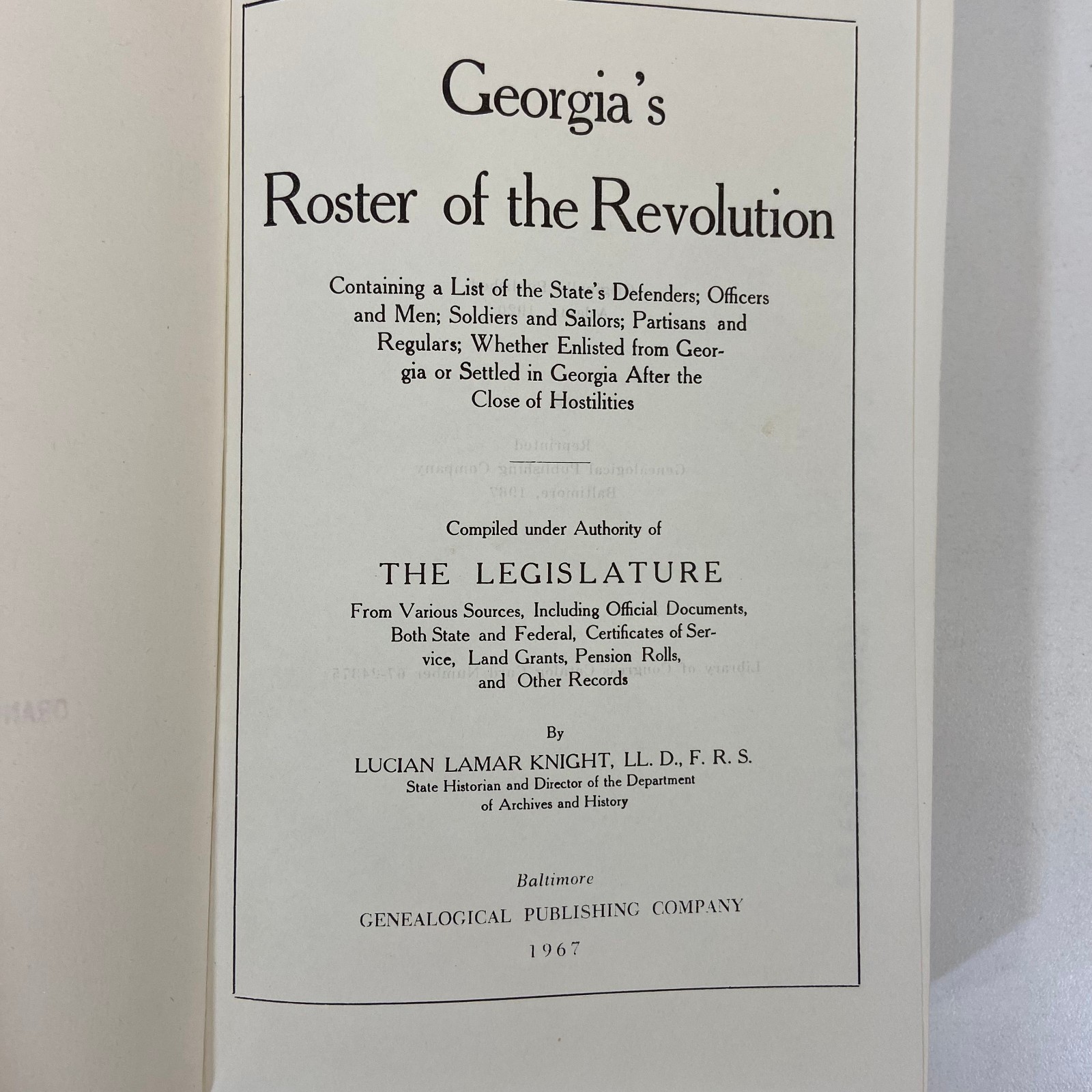 Georgia&rsquo;s Roster of the Revolution Ex Library Lucian Lamar Knight HC Genealogy