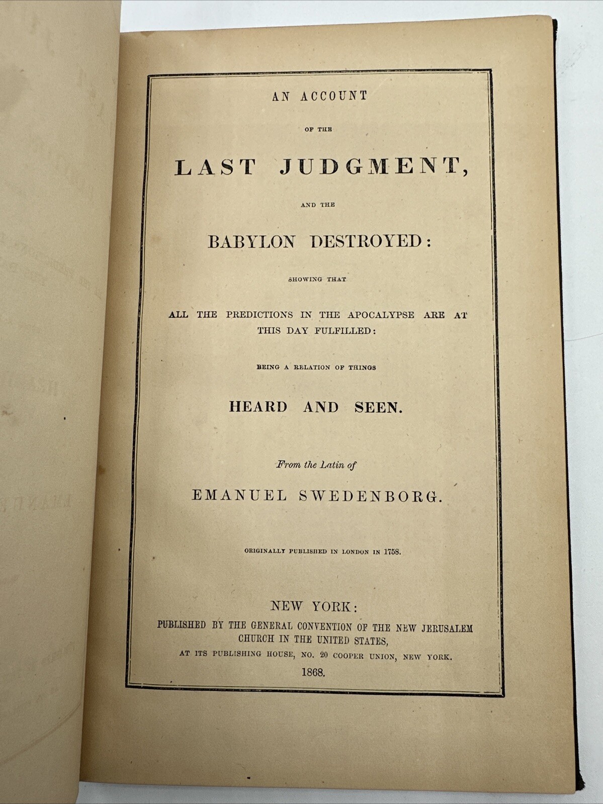 Last Judgement Emanuel Swedenborg 1868 Hardcover 103 Pages