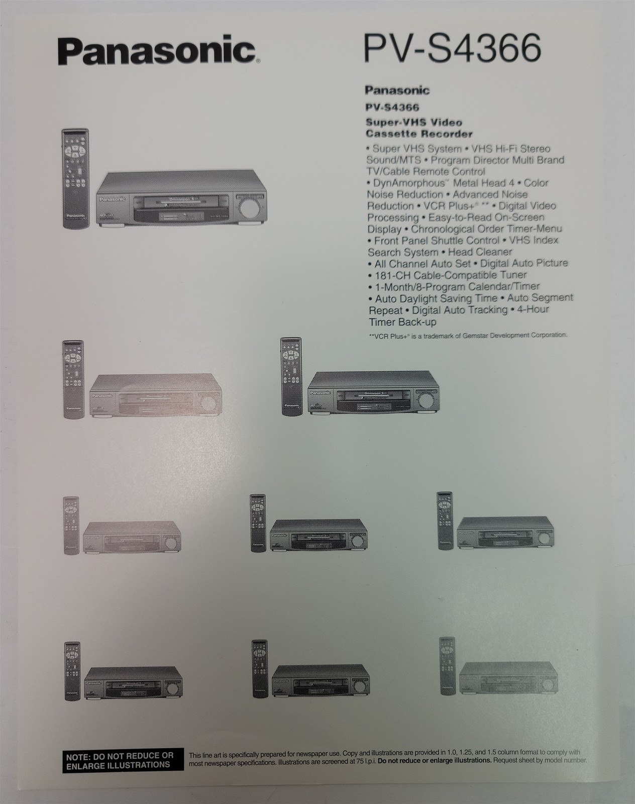 1990&rsquo;s Panasonic PV-S4366 Super-VHS Video Cassette Recorder Line Art Brochure