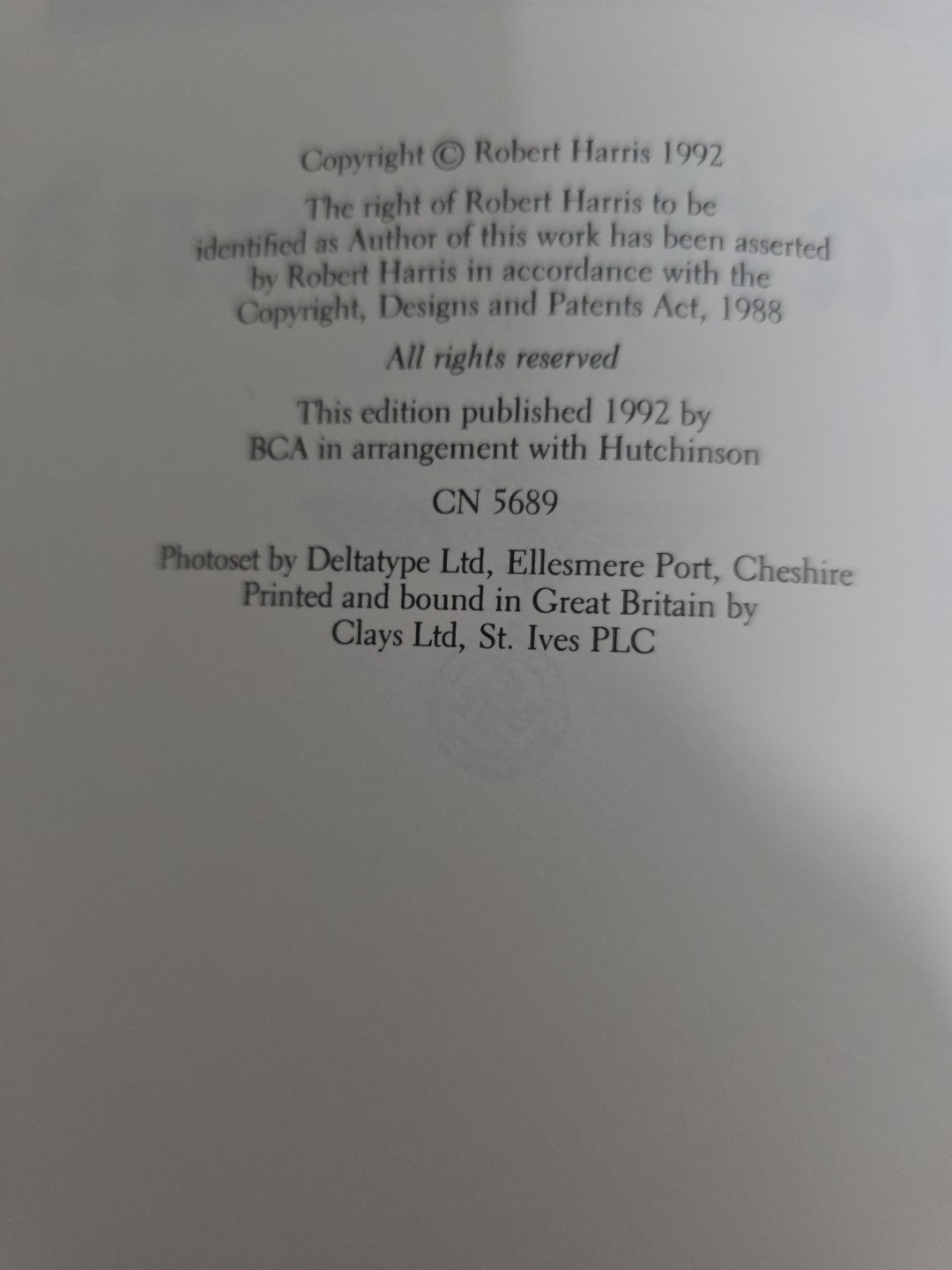 Robert Harris, Fatherland, 1st edition 1992, By BCA And Hutchinson First