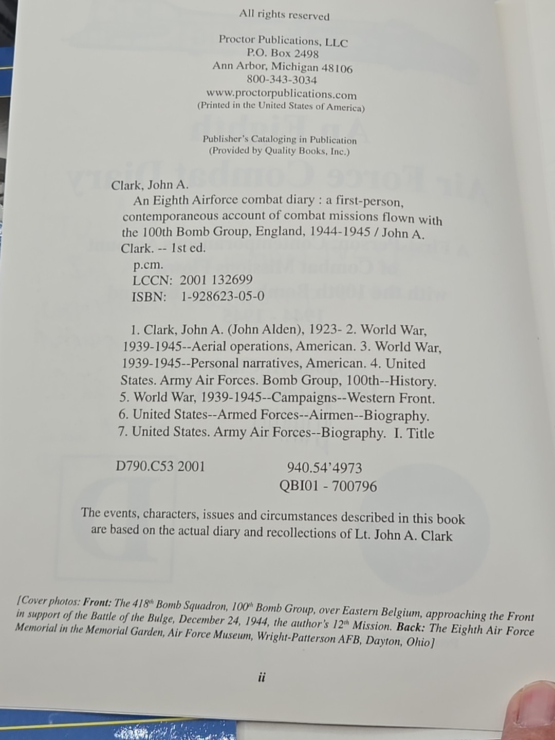 AN EIGHTH AIR FORCE COMBAT DIARY: COMBAT MISSIONS FLOWN By John A. Clark HCDJ
