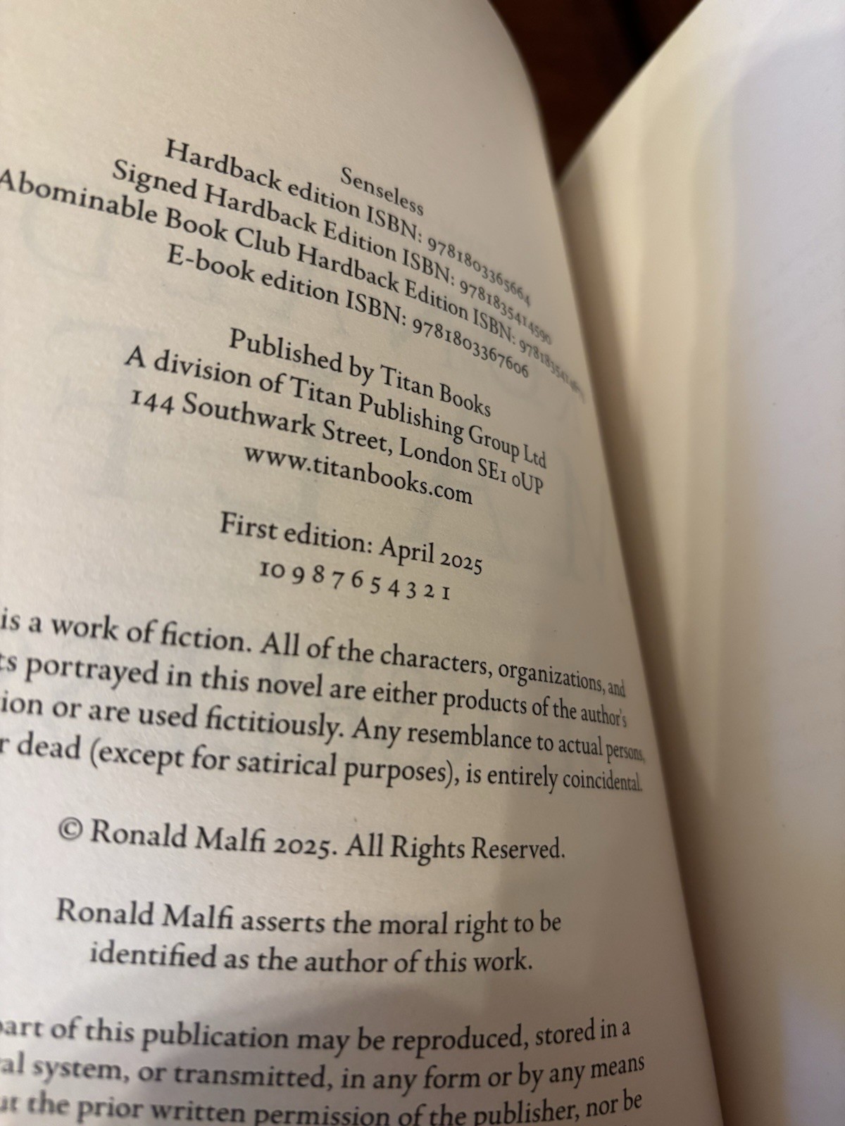 Senseless. Ronald Malfi 1st HC Ptg. Titan Books 2025 Fine Unread