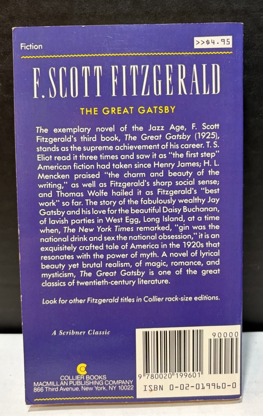 Vintage 1988 Collier Books PB “THE GREAT GATSBY » by F. Scott Fitzgerald