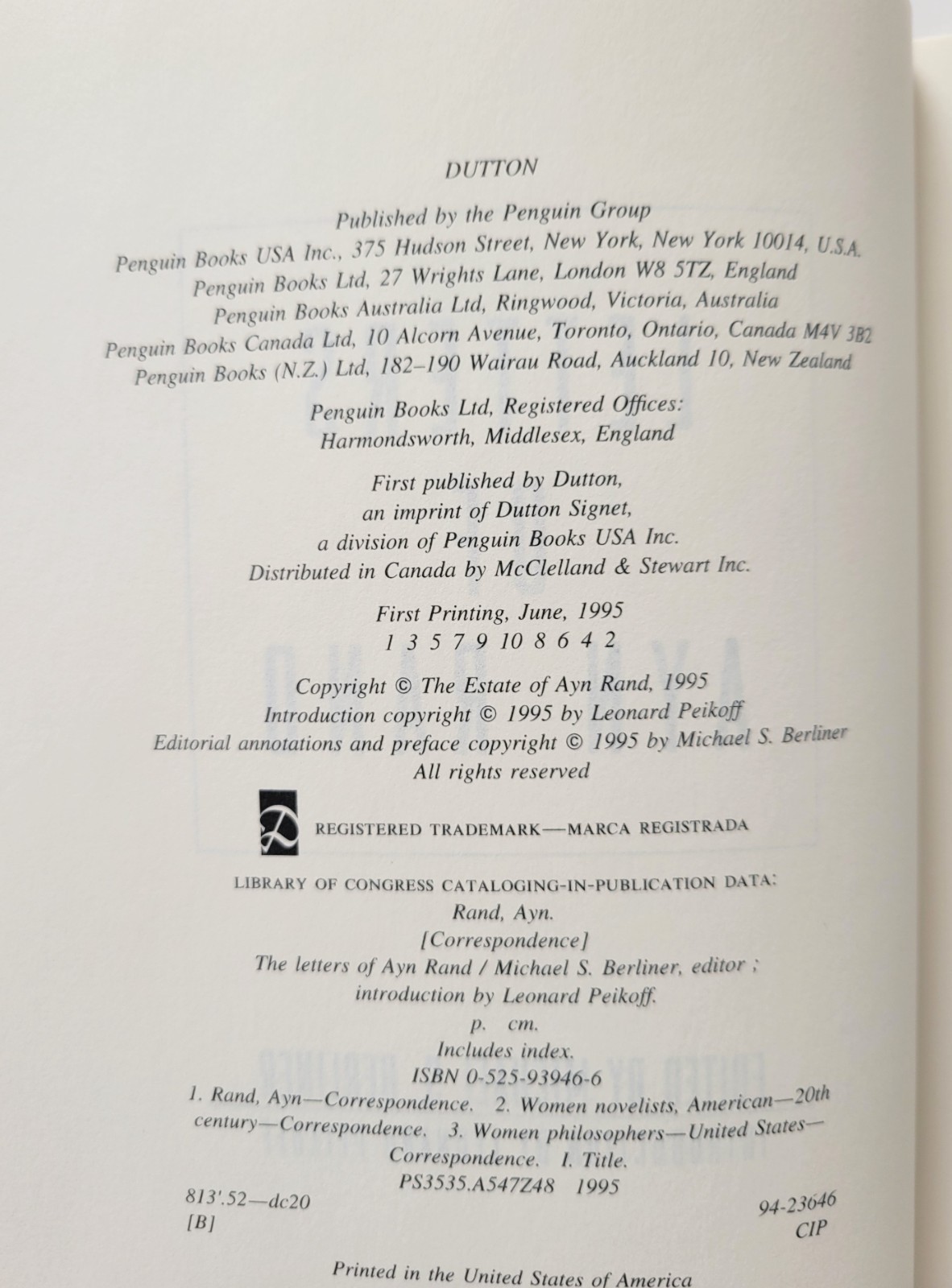 Letters of Ayn Rand Limited Ed HC Signed w Repro Letter, Number 134 of 225
