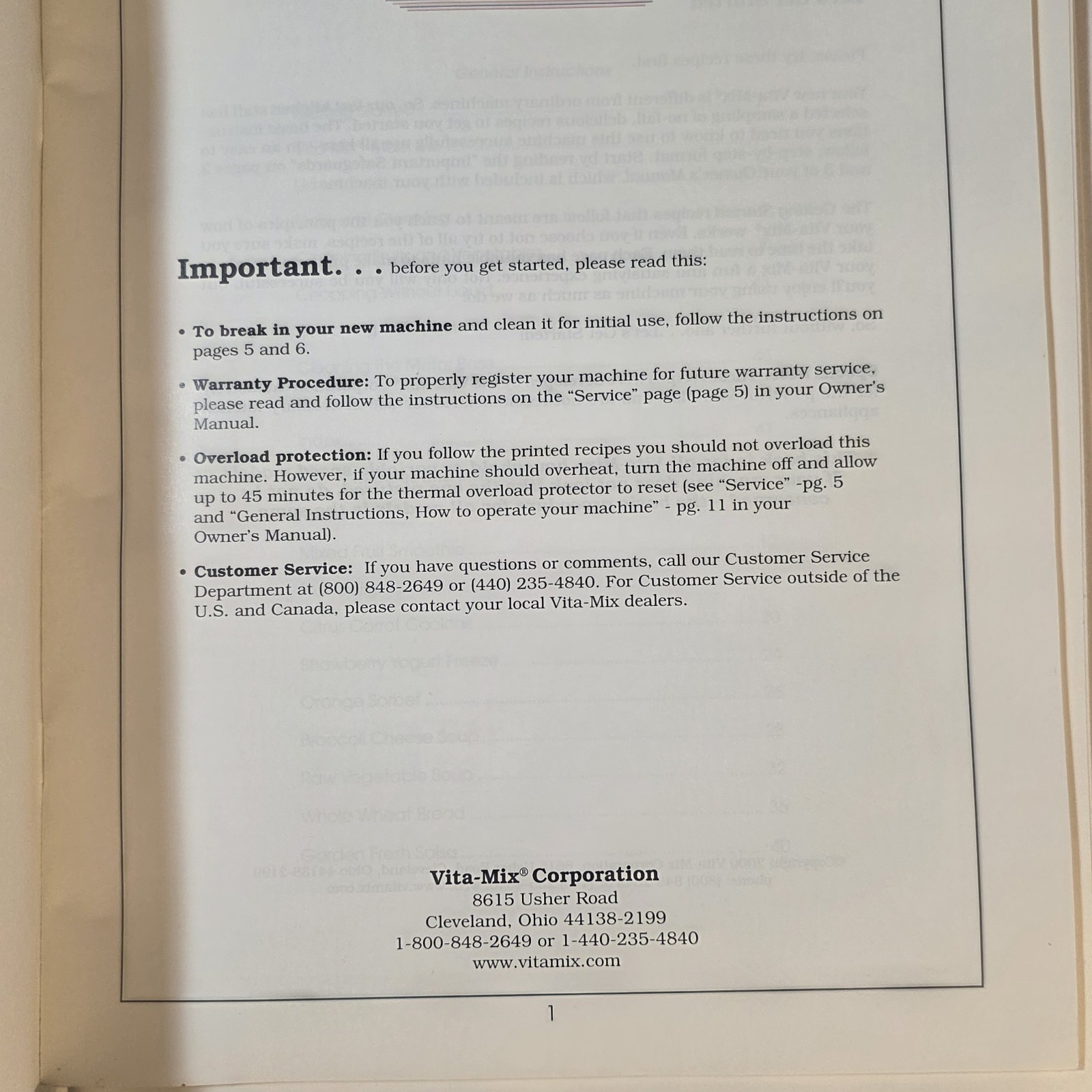 Vita-Mix Whole Food Recipes 3-Ring Binder and Owner&rsquo;s Manual 2000 USA