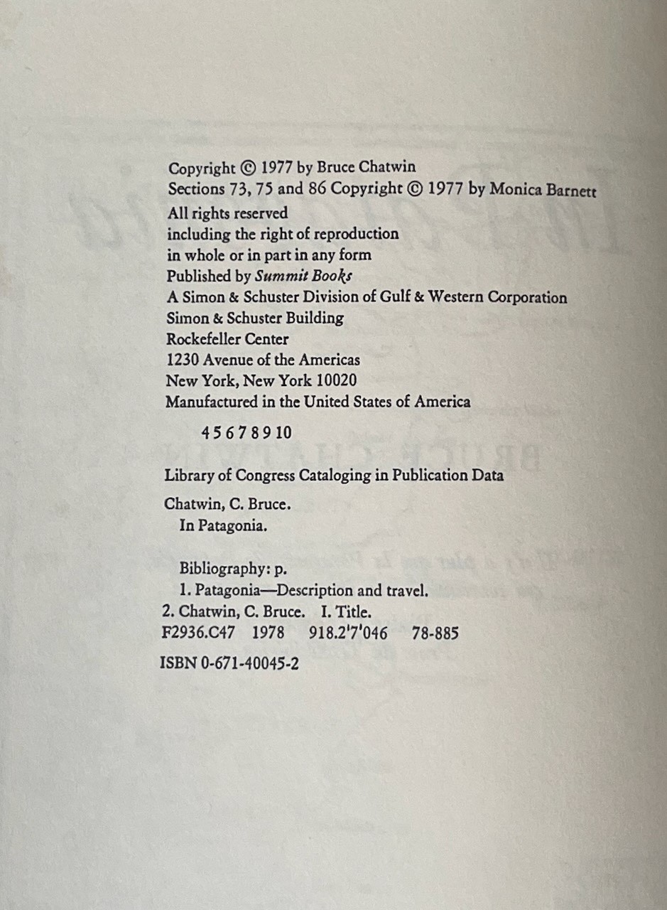 In Patagonia / Bruce Chatwin / Summit Books 1977 HC FE later printing