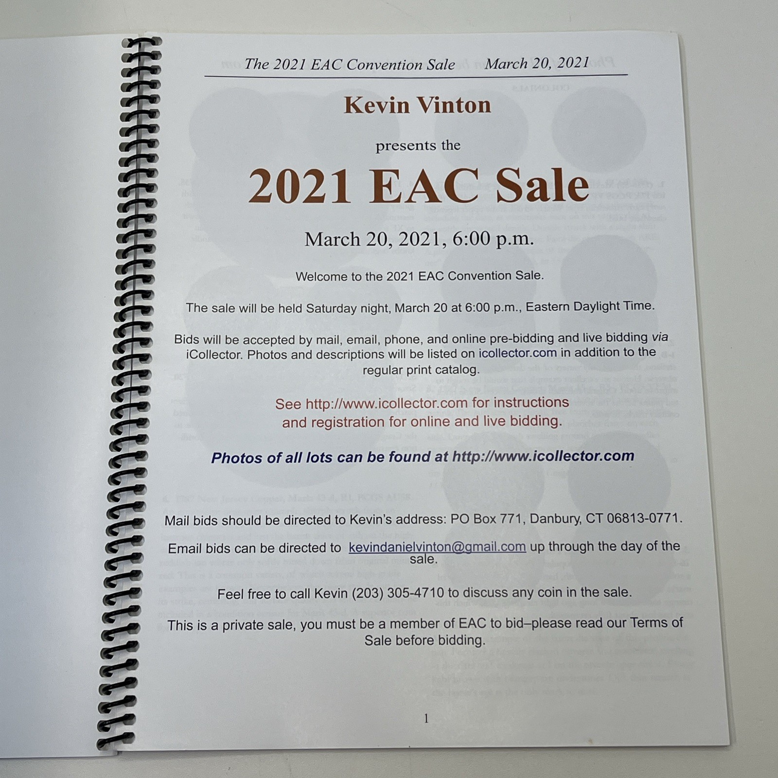 The 2021 EAC Sale March 20, 2021 Kevin Vinton Early American Coppers Catalog