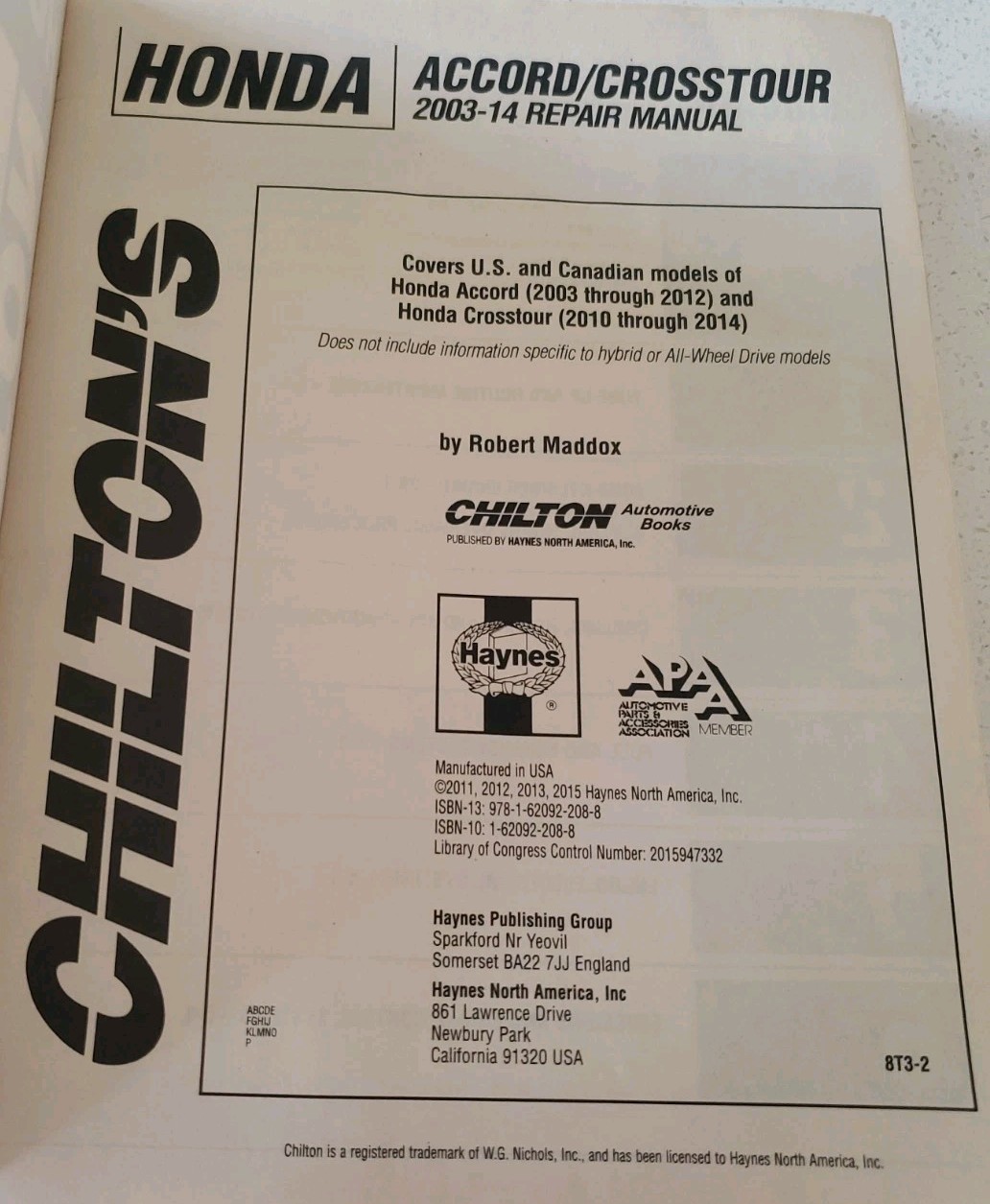 Honda Accord and Crosstour Automotive Repair Manual, 2003-14 by Chilton…