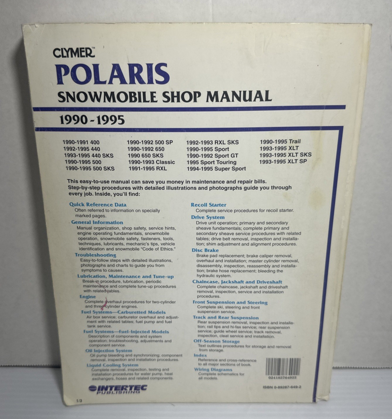 Clymer Polaris Snowmobile Shop Repair Manual 1990-1995 S833