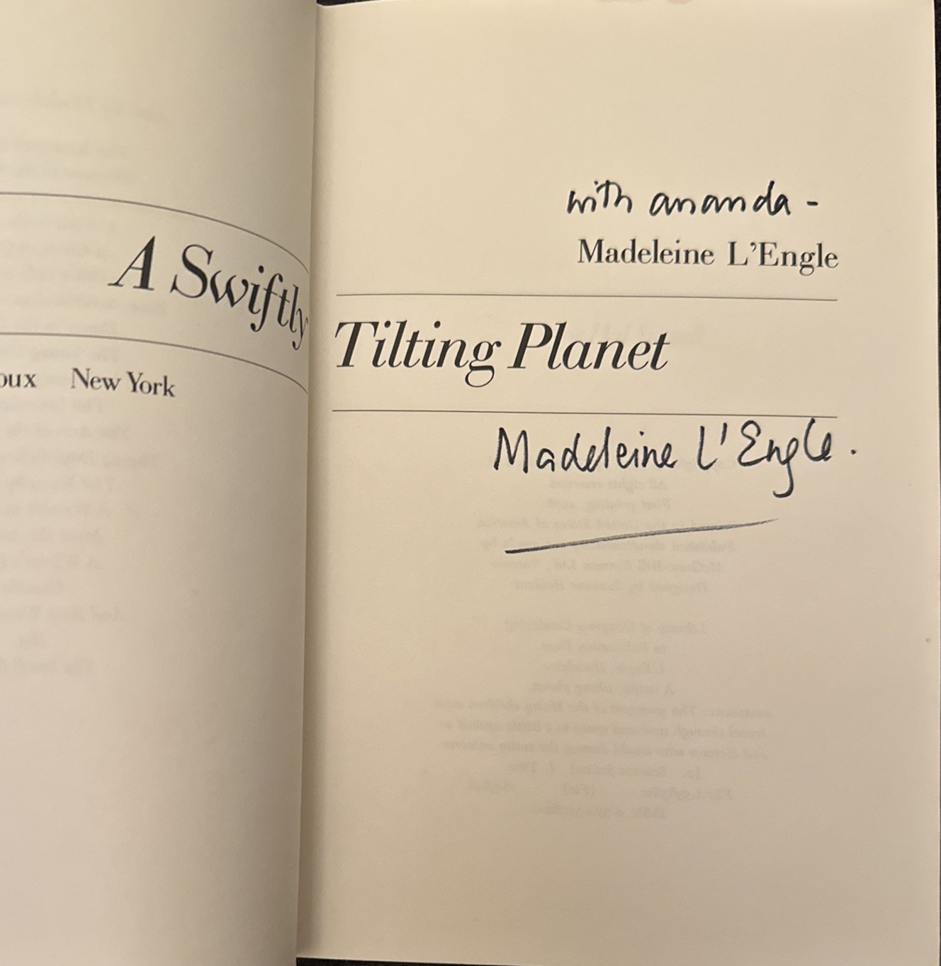 SIGNED, A Swiftly Tilting Planet. Madeleine L&rsquo;Engle HBDJ FIRST PRINT 1978