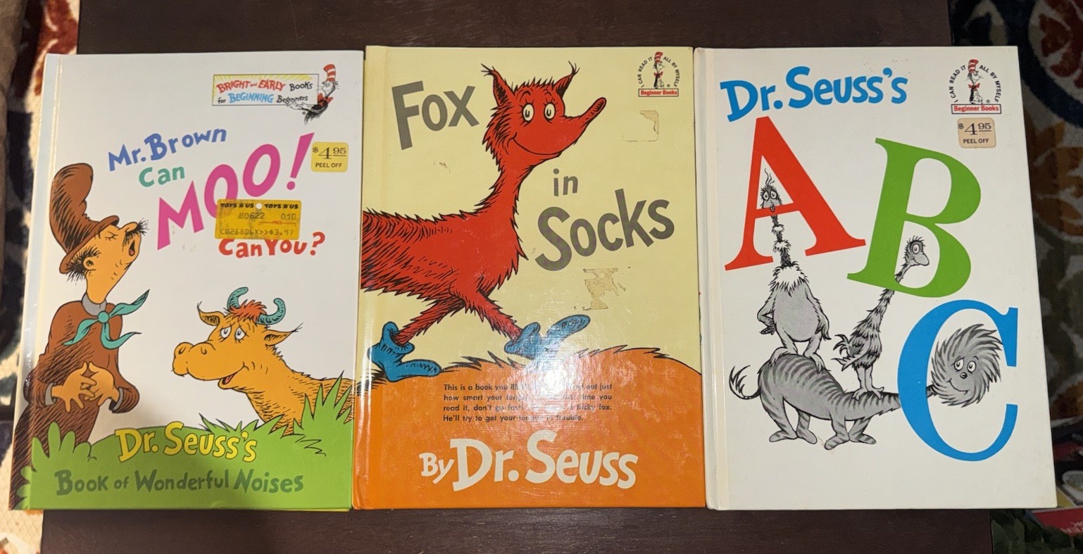3 Vintage Hardcover Dr Suess Children&rsquo;s Books Fox In Socks ABC Mr Brown Beginner