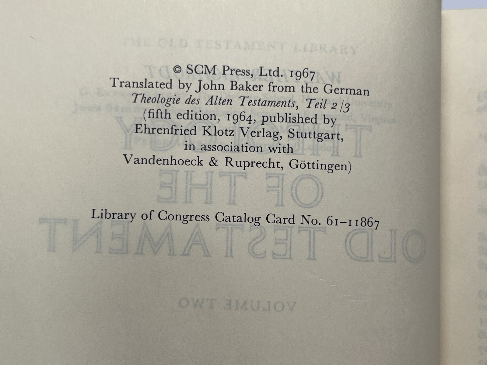 Theology of the Old Testament Volume 1 & 2 Eichrodt Westminster Press 1960&rsquo;s