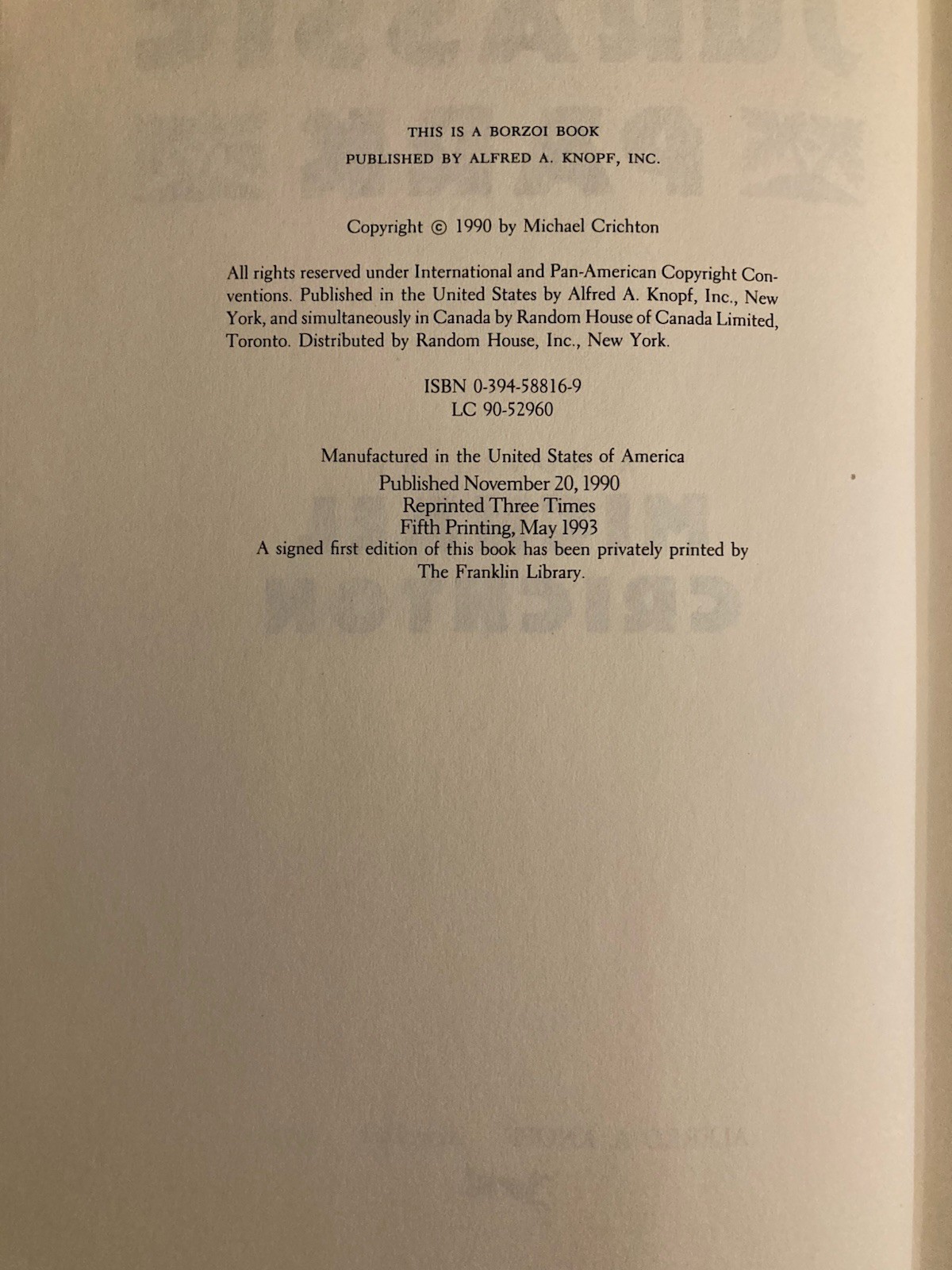Jurassic Park by Michael Crichton – 1st Edition, 5th Print Hardcover! – GOOD!