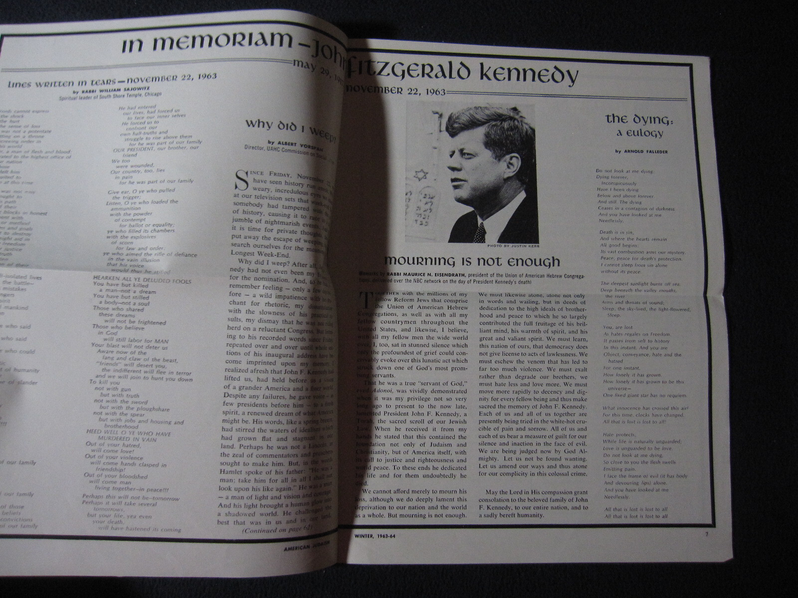 American Judaism Winter 1963-1964 JFK Memoriam 6 pages [Loose-leaf]