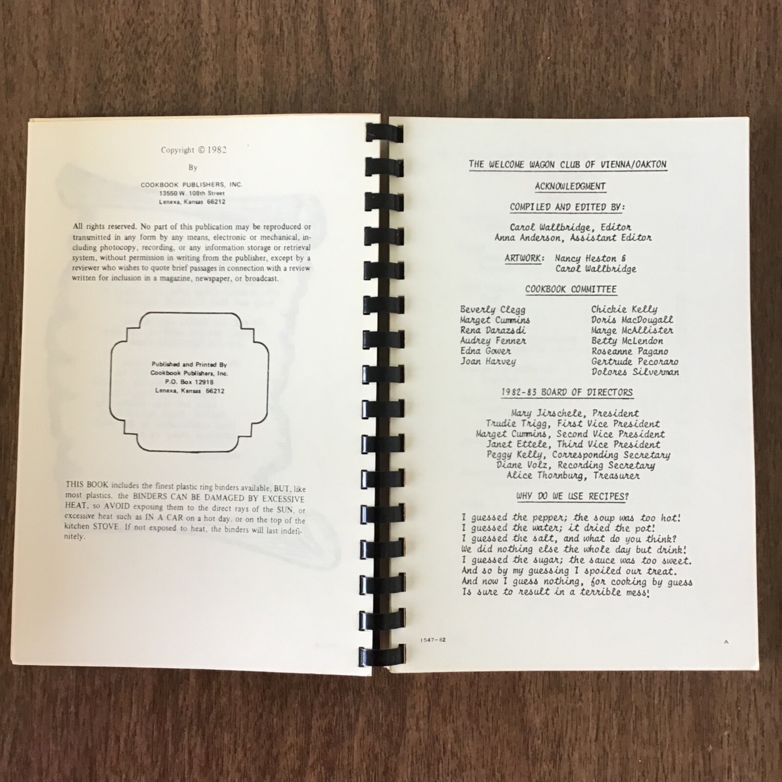 Vienna Oakton Virginia Welcome Wagon Club Vtg 1982 Cookbook SEE INDEX PHOTOS