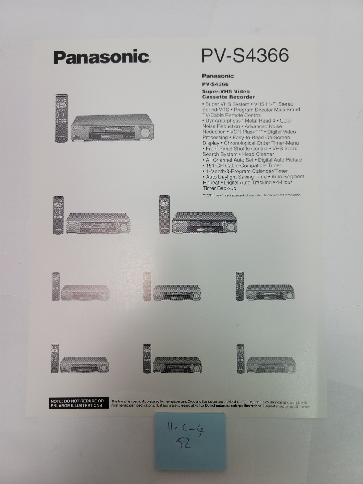 1990&rsquo;s Panasonic PV-S4366 Super-VHS Video Cassette Recorder Line Art Brochure